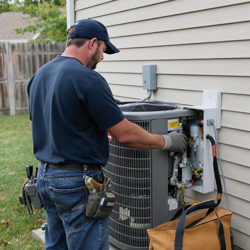 HVAC technician inspecting an outdoor condenser with a tool bag ready nearby.