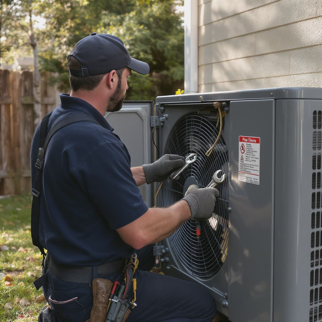An HVAC technician using hand tools to inspect an outdoor heating and cooling unit.
